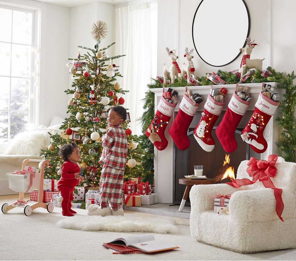 Santa with Lights Quilted Light-Up Christmas Stockings - Pottery Barn